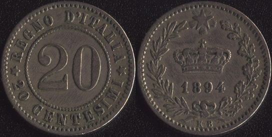 Монета 20 чентезимо 1894, медно-никель, монетный двор Берлин | Hobby Keeper Articles