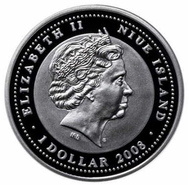 Silver coin 1 dollar, 2008, Niue, obverse | Hobby Keeper Articles