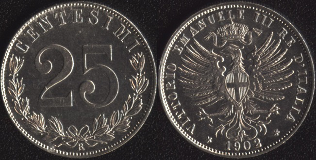 25 чентезимо 1902, никель, монетный двор Рим | Hobby Keeper Articles